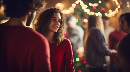 Group of friends having fun and dancing in front of a Christmas treeの素材