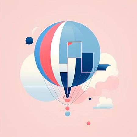 Hot air balloon flying in the sky with clouds. Vector illustration.の素材