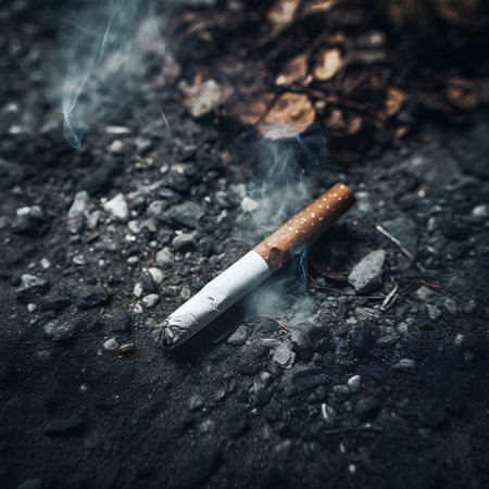 Cigarette in ashtray with smoke on dark background.の素材
