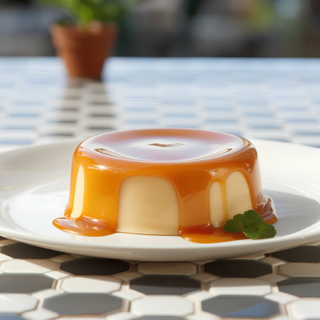Panna cotta with caramel and mint on a white plate.の素材