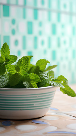 Fresh mint leaves in a bowl on a wooden table. Selective focus.の素材