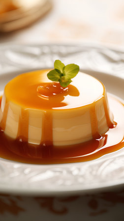 Panna cotta with caramel sauce on a plate, closeupの素材