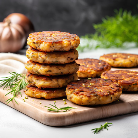 Potato pancakes with herbs on a wooden board, selective focus.の素材