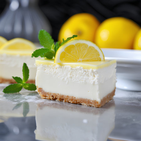 Lemon cheesecake with fresh mint and lemons on the backgroundの素材