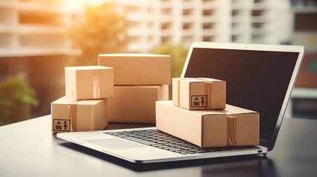 Close up of cardboard boxes on laptop keyboard. Online shopping concept. 3D Renderingの素材