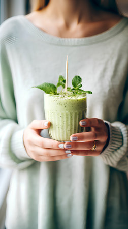 Healthy green smoothie with mint in woman's hands. Detox diet.の素材