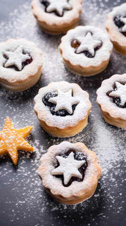 Christmas cookies with snowflakes on a black background. Selective focus.の素材
