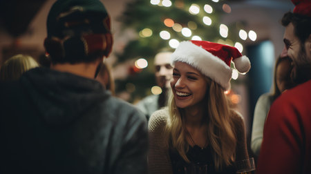 Christmas People Celebration Party Xmas Festive Concept - Group of Smiling friends wearing santa claus hats and having fun on the streetの素材