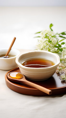 Honey in a bowl and honey dipper on a wooden tableの素材