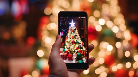 hand holding smartphone with christmas tree and lights bokeh backgroundの素材