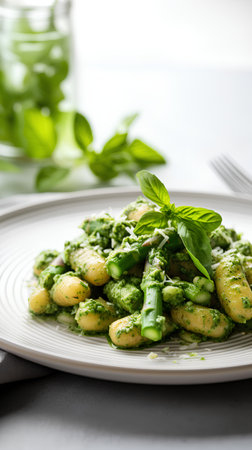 Traditional Italian gnocchi pasta with pesto sauce and green asparagusの素材