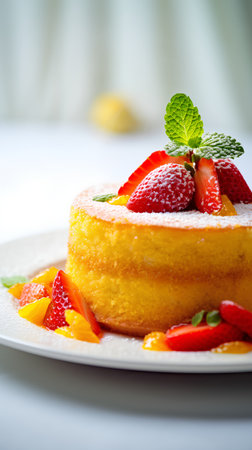 Cake with strawberries and mint on a white plate. Selective focus.の素材