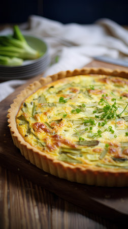 Quiche with leek, cheese and herbs on a wooden boardの素材