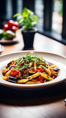 Penne pasta with cherry tomatoes, zucchini, red onion and parsleyの素材