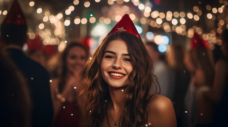 Party, holidays, celebration and people concept - smiling young woman in red hat dancing at night clubの素材