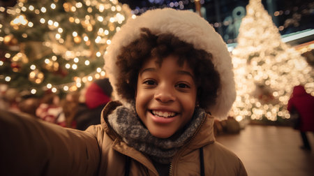 Portrait of a young african american woman taking a selfie on Christmas marketの素材