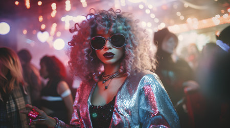 Beautiful afro american girl with curly hair dancing in night clubの素材