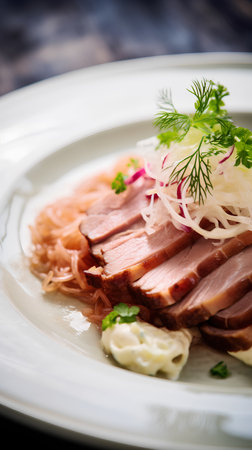 Slices of smoked duck breast with onion and mayonnaiseの素材