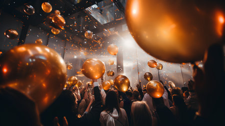 People holding golden balloons in the night club. Concept of celebration and party.の素材