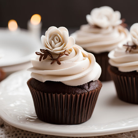 Chocolate cupcakes with white buttercream frosting on a plateの素材