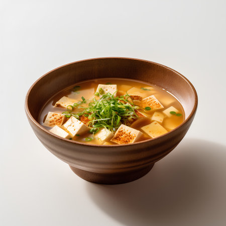 Japanese miso soup with tofu and microgreen on white background.の素材