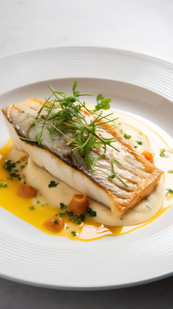 Baked mackerel fish fillet with lemon cream sauce on white plateの素材