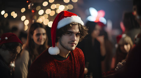 Young man in a Santa hat on a background of Christmas lights.の素材