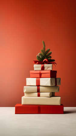 Christmas tree made of gift boxes on red background. 3d renderの素材
