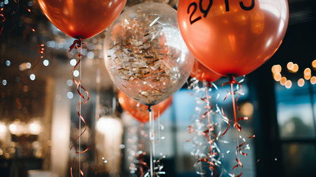 New Year and Christmas background with red and orange balloons and confettiの素材