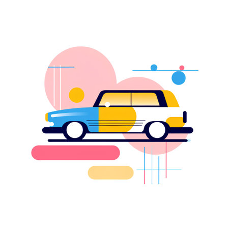 Retro car on the road. Vector illustration in flat style.の素材