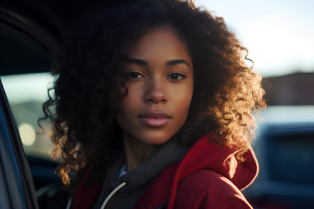 Beautiful african american woman with afro hairstyle in red coat looking at cameraの素材