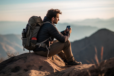 Handsome young man with backpack sitting on the top of a mountain and looking at his smartphoneの素材