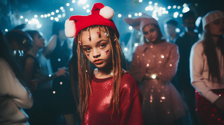 Cute little girl with dreadlocks in red dress and Santa Claus hat looking at camera while her friends dancing on backgroundの素材