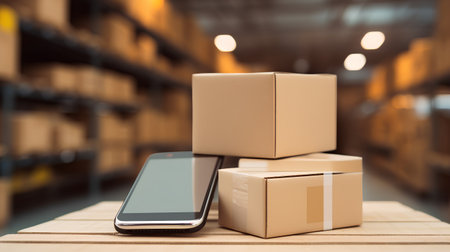 Smartphone and boxes on wooden table in warehouse. 3d renderingの素材