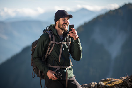 Hiking man with backpack and mobile phone in the mountains. Active lifestyle.の素材