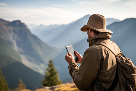 A man in a hat and a jacket with a phone in his hands on the background of mountainsの素材
