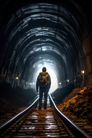 Man with backpack walking on the railroad track at night. 3D renderingの素材