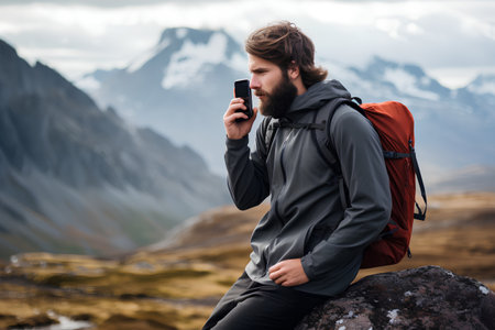 Handsome young man with a beard in a black jacket and with a red backpack is sitting on a rock and using a mobile phone in the mountains.の素材