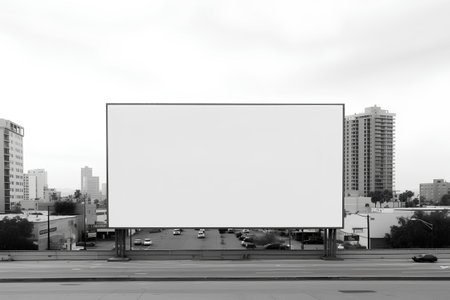 Blank billboard on the city street with cityscape background. Black and white.の素材
