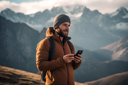 Handsome man with a beard in a jacket and hat with a phone in his hand on the background of mountainsの素材