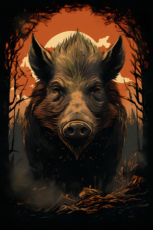 Wild boar in the forest at sunset. Hand-drawn illustration.の素材