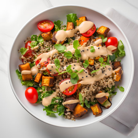 Quinoa salad with quinoa, cherry tomatoes and mushrooms on white backgroundの素材