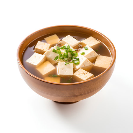 Japanese miso soup with tofu in bowl isolated on white background.の素材
