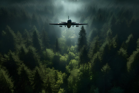 Aerial view of airplane flying over the forest. 3D renderingの素材