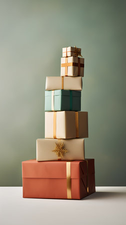 Stack of colorful gift boxes with gold ribbons and bows. 3d renderの素材