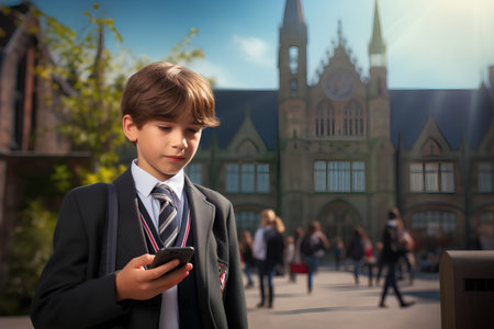 Cute little schoolboy using his smart phone in front of a school buildingの素材