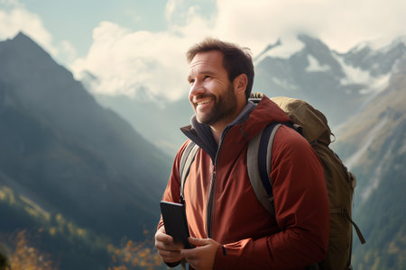 Hiking man with backpack and tablet on the background of mountains.の素材