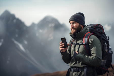 Hiker with a beard and a mobile phone in his hands on the background of mountainsの素材