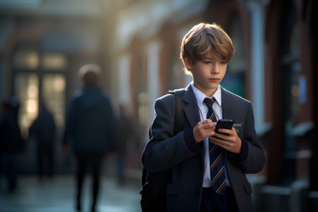 Portrait of a boy in a business suit using a mobile phone.の素材