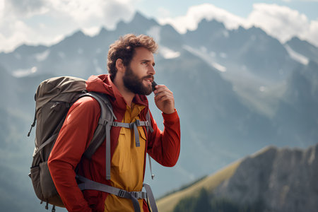 Hiking man with backpack on the background of mountains. Hiking concept.の素材